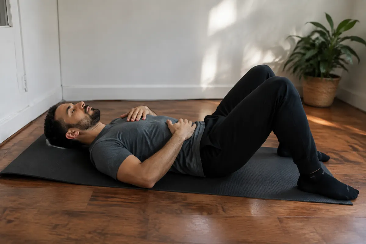 Homem praticando exercício respiratório em casa
