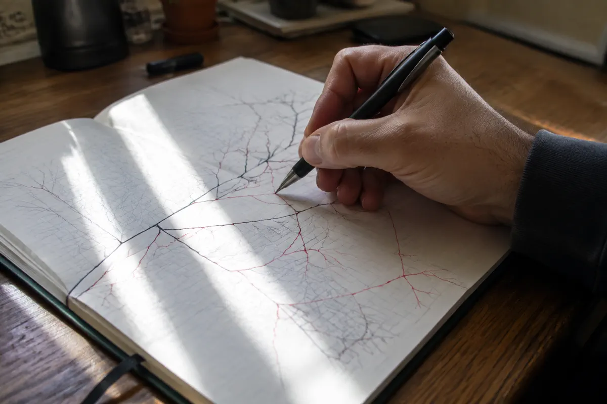 Mão redesenhando caminhos em um caderno de estudo
